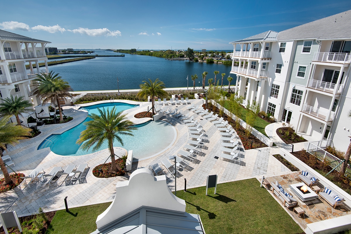 pool deck and lake aerial view